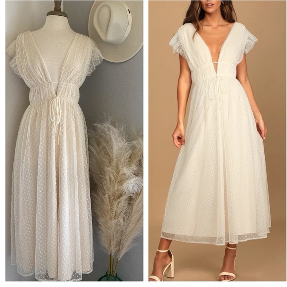 Lulu's Dresses Lulus Yours Evermore Cream Swiss Dot Ruffled Midi